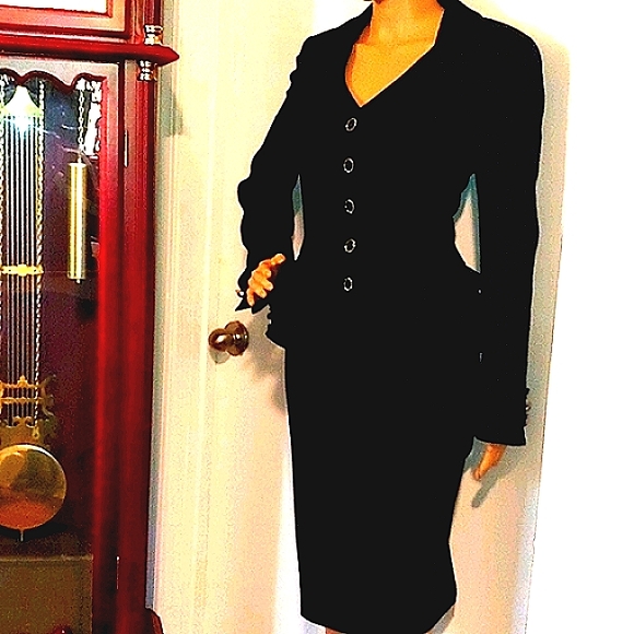 Escada Dresses & Skirts - RARE ESCADA 10 BLACK WOOL SILK PLEATED PEPLUM PENCIL CRYSTAL BUTTONS SKIRT SUIT